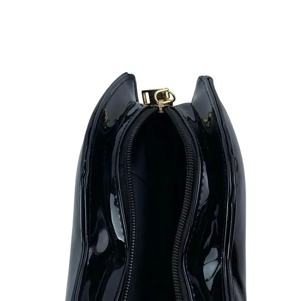 Black Patent Faux Leather Vegan Zip Chain Crossbody Lip Purse Clutch Bag OS